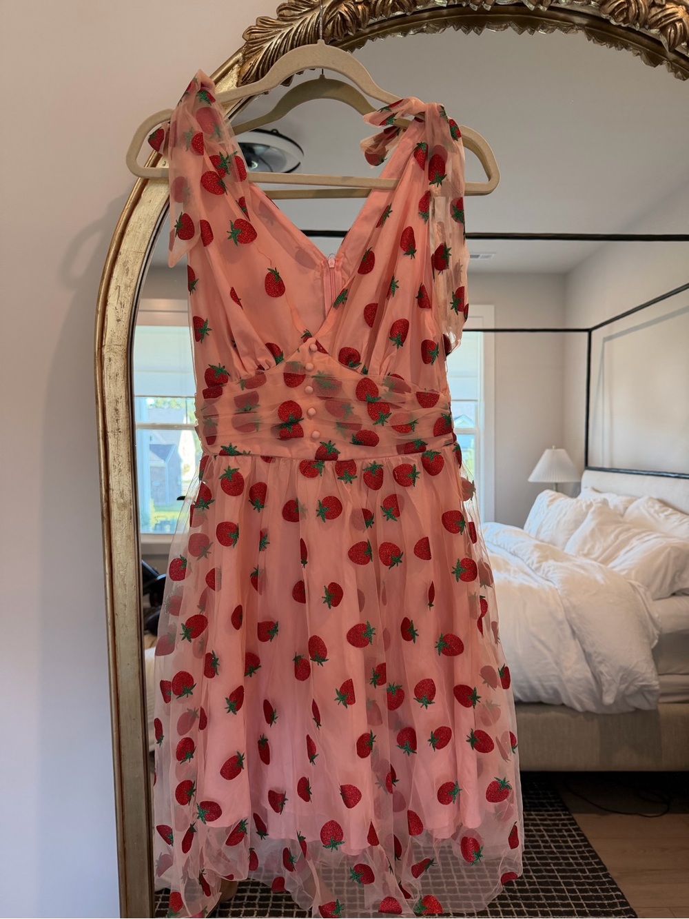 Women's Pink Strawberry Print Midi Dress with V-Neck